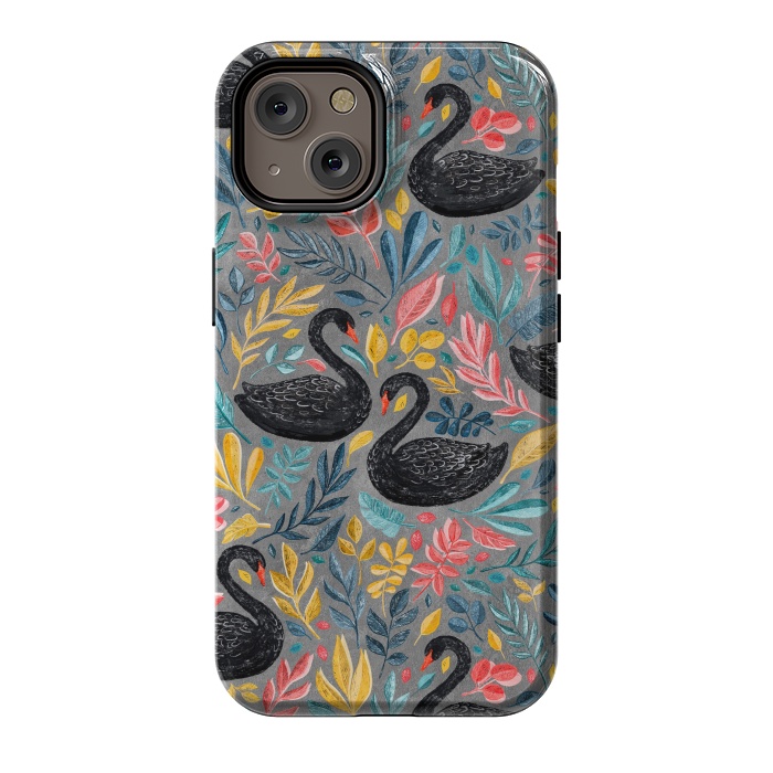 iPhone 14 StrongFit Bonny Black Swans with Lots of Leaves on Grey by Micklyn Le Feuvre