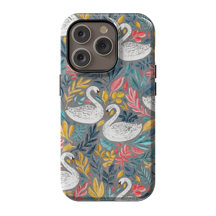 iPhone 14 Pro StrongFit Whimsical White Swans with Lots of Leaves on Grey by Micklyn Le Feuvre