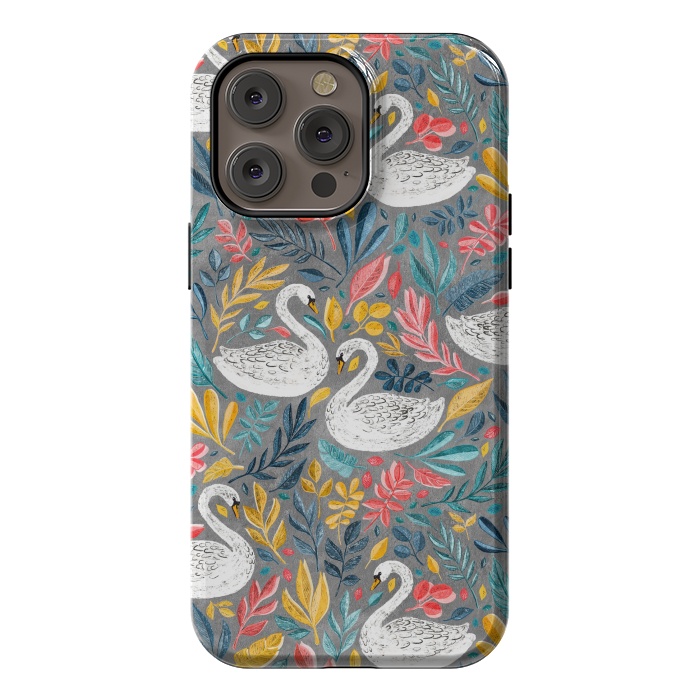 iPhone 14 Pro max StrongFit Whimsical White Swans with Lots of Leaves on Grey by Micklyn Le Feuvre