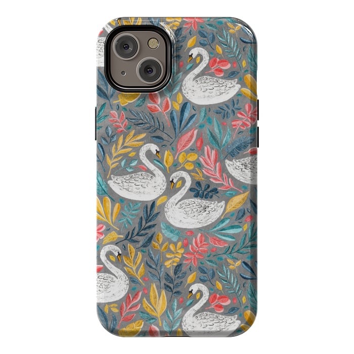 iPhone 14 Plus StrongFit Whimsical White Swans with Lots of Leaves on Grey by Micklyn Le Feuvre