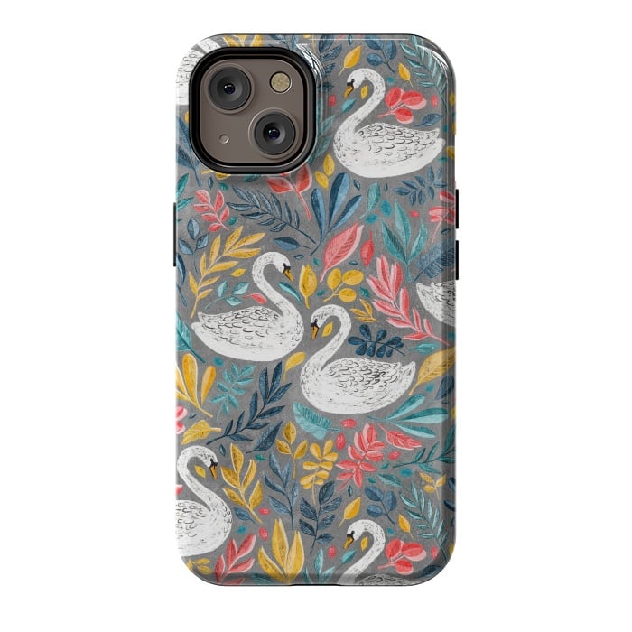 iPhone 14 StrongFit Whimsical White Swans with Lots of Leaves on Grey by Micklyn Le Feuvre