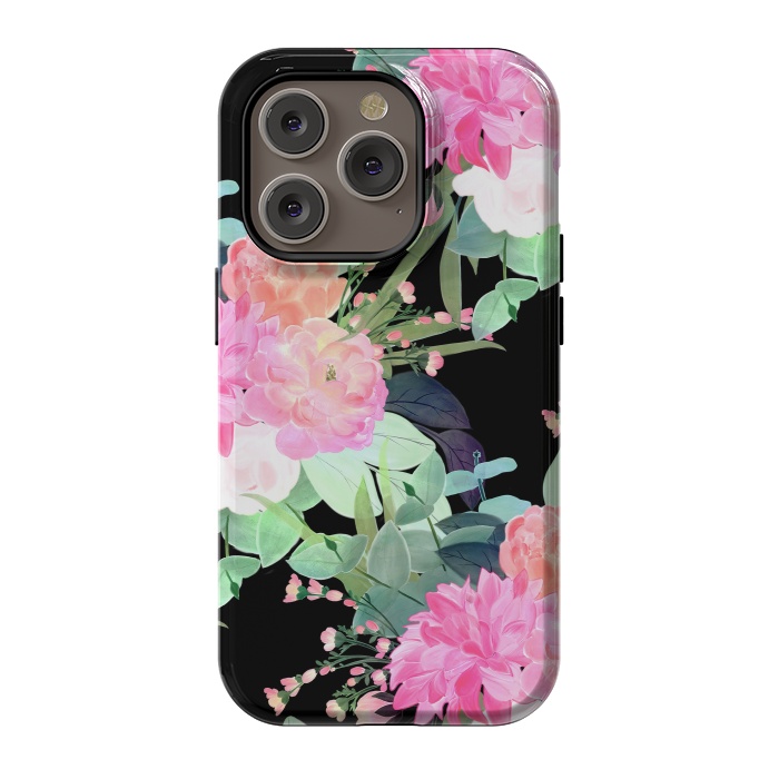 iPhone 14 Pro StrongFit Trendy Pink & Black Flowers Watercolor Design by InovArts