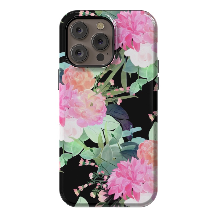 iPhone 14 Pro max StrongFit Trendy Pink & Black Flowers Watercolor Design by InovArts