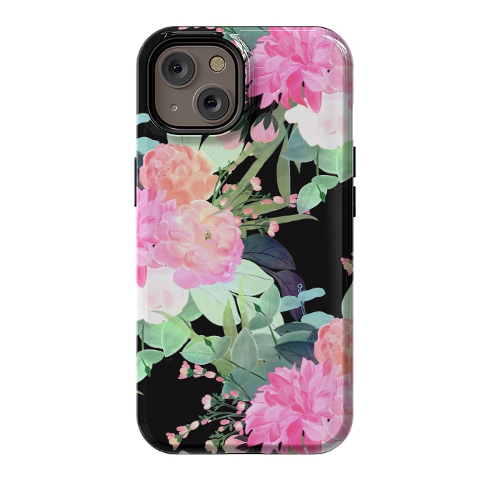 iPhone 14 StrongFit Trendy Pink & Black Flowers Watercolor Design by InovArts