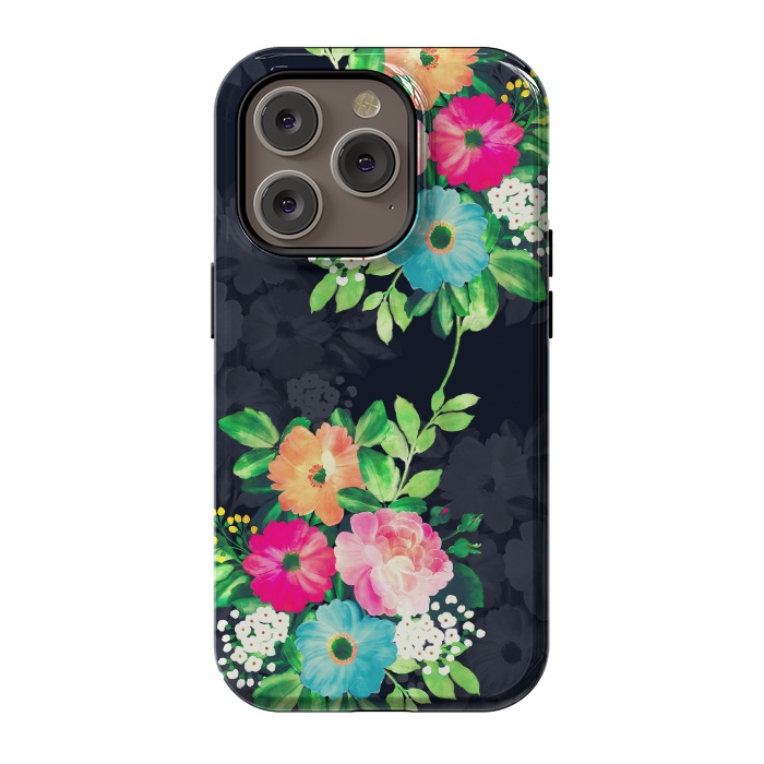 iPhone 14 Pro StrongFit Watercolor Vintage Roses Floral Dark Blue Design by InovArts