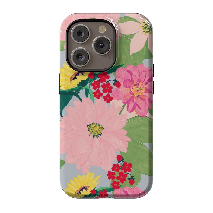 iPhone 14 Pro StrongFit Elegant Watercolor Sunflowers Blush Floral Gray Design by InovArts