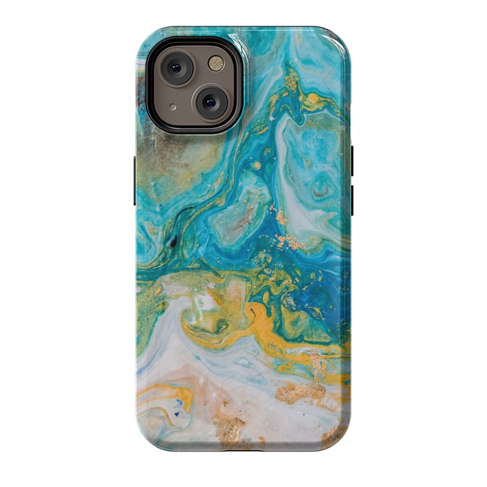 iPhone 14 StrongFit Blue Acrylic Texture with Golden Marble Motifs by ArtsCase