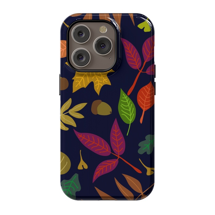 iPhone 14 Pro StrongFit Colorful Leaves and Acorns on Black Background by ArtsCase