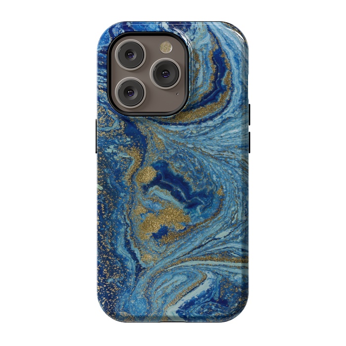 iPhone 14 Pro StrongFit Fondo Abstracto de Color Azul Marmol y Dorado by ArtsCase