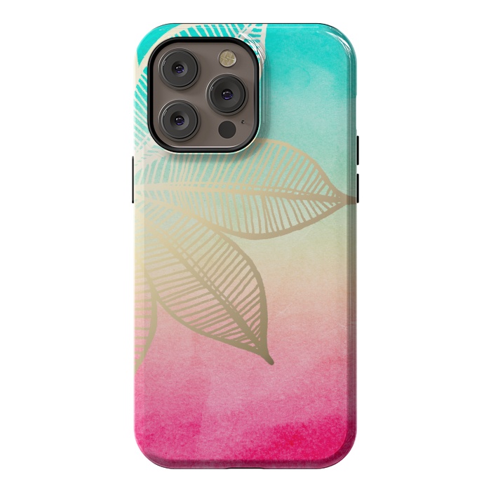 iPhone 14 Pro max StrongFit Gold Flower on Turquoise and Pink Watercolor by Tangerine-Tane