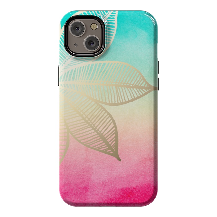 iPhone 14 Plus StrongFit Gold Flower on Turquoise and Pink Watercolor by Tangerine-Tane
