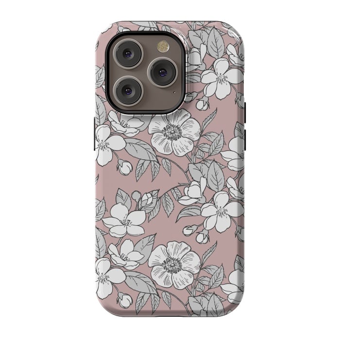 iPhone 14 Pro StrongFit White Cherry flowers line art drawing on pink by Oana 