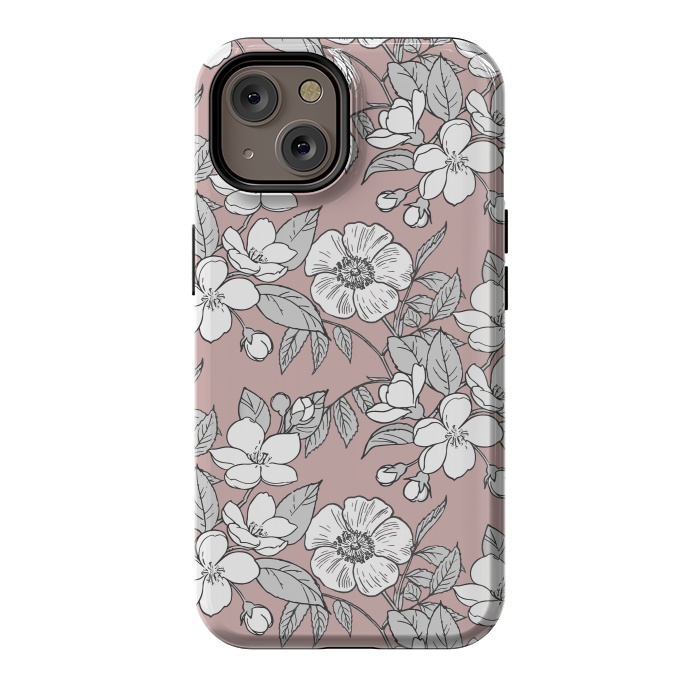 iPhone 14 StrongFit White Cherry flowers line art drawing on pink by Oana 