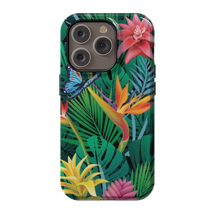 iPhone 14 Pro StrongFit Cute Tropical Floral Design Green Pink and Purple by ArtsCase