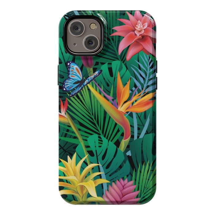 iPhone 14 Plus StrongFit Cute Tropical Floral Design Green Pink and Purple by ArtsCase