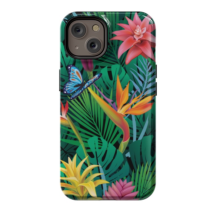 iPhone 14 StrongFit Cute Tropical Floral Design Green Pink and Purple by ArtsCase