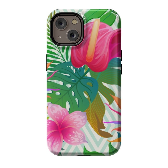 iPhone 14 StrongFit Exotic Flowers and Leaves in Geometric Decoration by ArtsCase