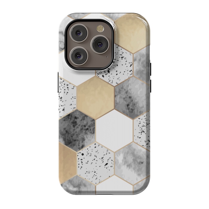 iPhone 14 Pro StrongFit Grey Marble and Watercolour Polygons by ArtsCase