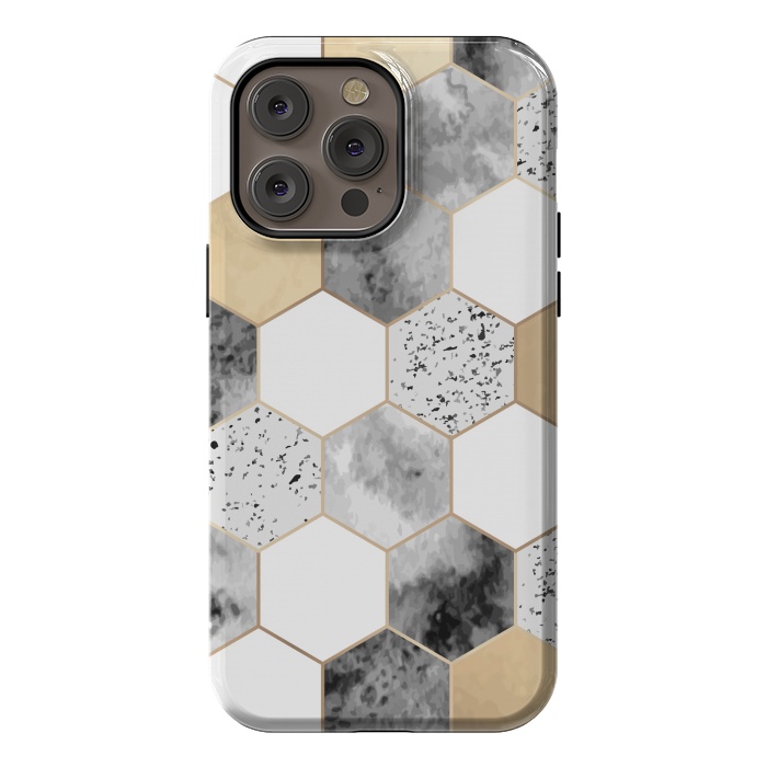 iPhone 14 Pro max StrongFit Grey Marble and Watercolour Polygons by ArtsCase