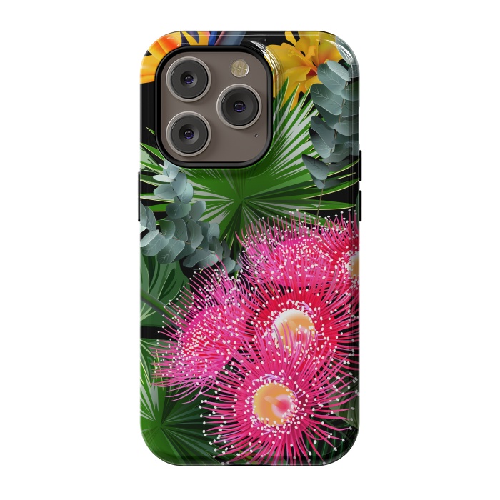 iPhone 14 Pro StrongFit Tropical Flowers and Leaves, Seamless Pattern by ArtsCase