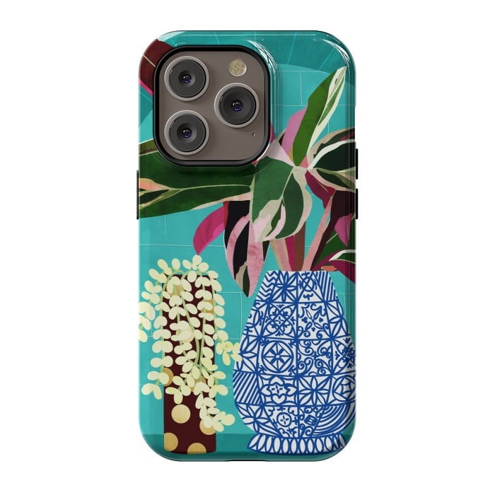 iPhone 14 Pro StrongFit Moroccan Shelfie | Tropical Teal Plants Botanical | Exotic Modern Bohemian Eclectic Décor  by Uma Prabhakar Gokhale