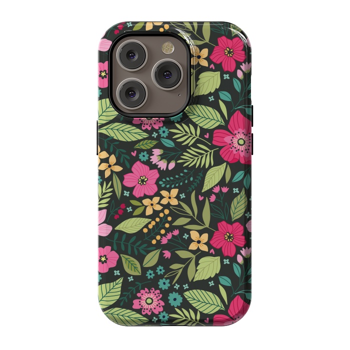 iPhone 14 Pro StrongFit Pretty Flowers on Dark Green Background by ArtsCase