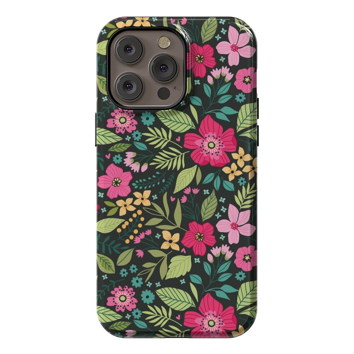 iPhone 14 Pro max StrongFit Pretty Flowers on Dark Green Background by ArtsCase