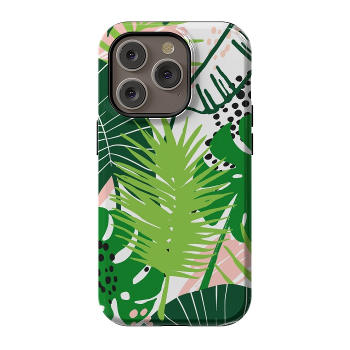 iPhone 14 Pro StrongFit Seamless Exotic Pattern with Green Tropical Leaves by ArtsCase