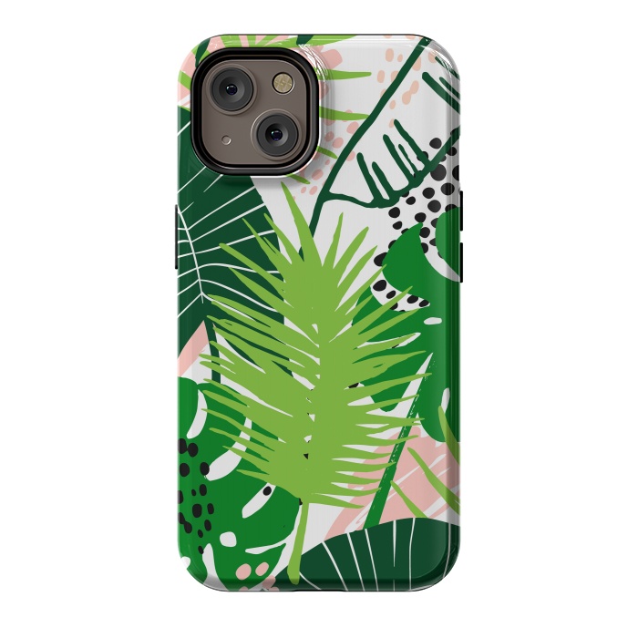 iPhone 14 StrongFit Seamless Exotic Pattern with Green Tropical Leaves by ArtsCase