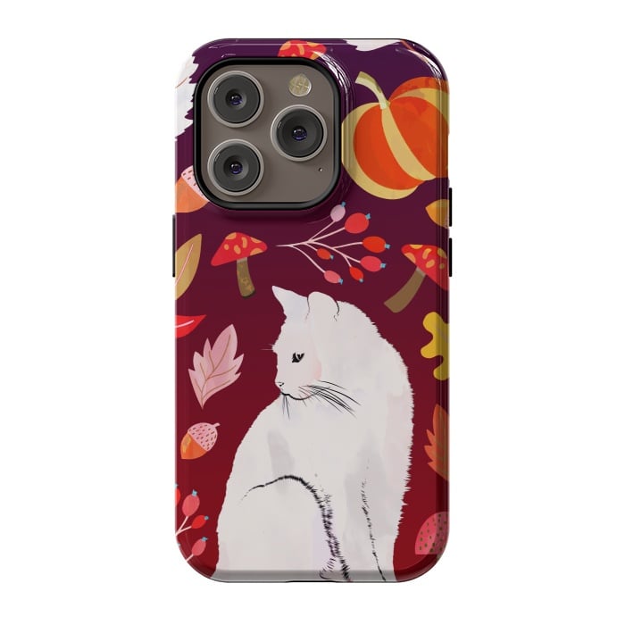 iPhone 14 Pro StrongFit White cat and autumn nature pattern by Oana 
