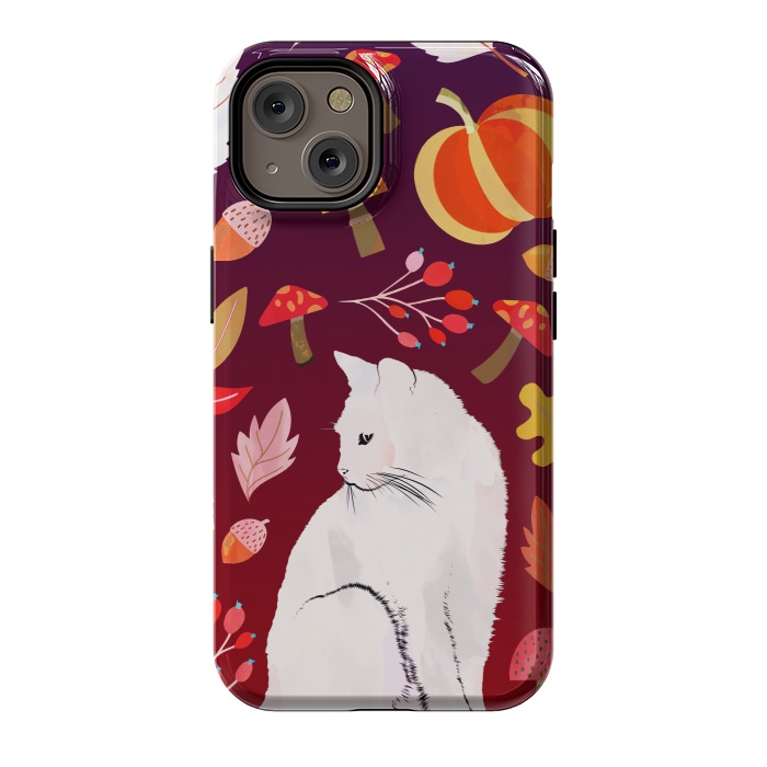 iPhone 14 StrongFit White cat and autumn nature pattern by Oana 