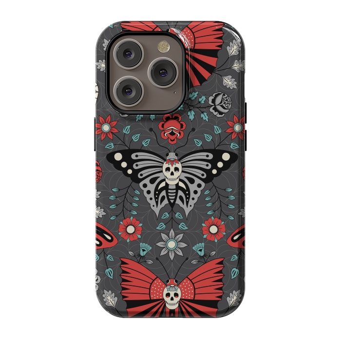 iPhone 14 Pro StrongFit Gothic Halloween Skulls, Butterflies Flowers on a dark gray background by Portia Monberg