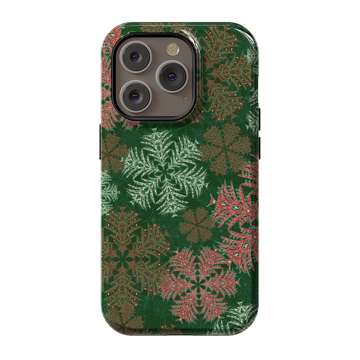 iPhone 14 Pro StrongFit Xmas Snowflakes Red & Green by Lotti Brown