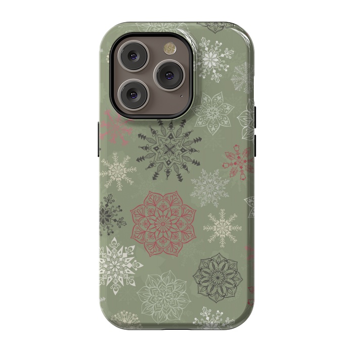 iPhone 14 Pro StrongFit Christmas Snowflakes on Dark Green by Paula Ohreen