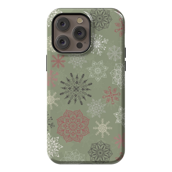 iPhone 14 Pro max StrongFit Christmas Snowflakes on Dark Green by Paula Ohreen