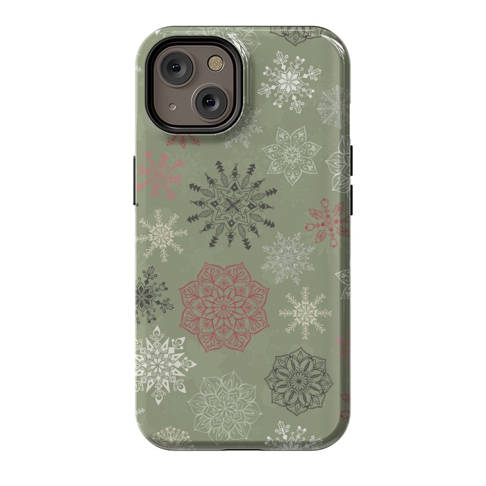 iPhone 14 StrongFit Christmas Snowflakes on Dark Green by Paula Ohreen