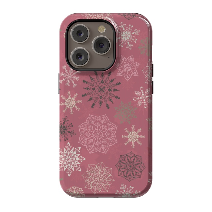 iPhone 14 Pro StrongFit Christmas Snowflakes on Pink by Paula Ohreen