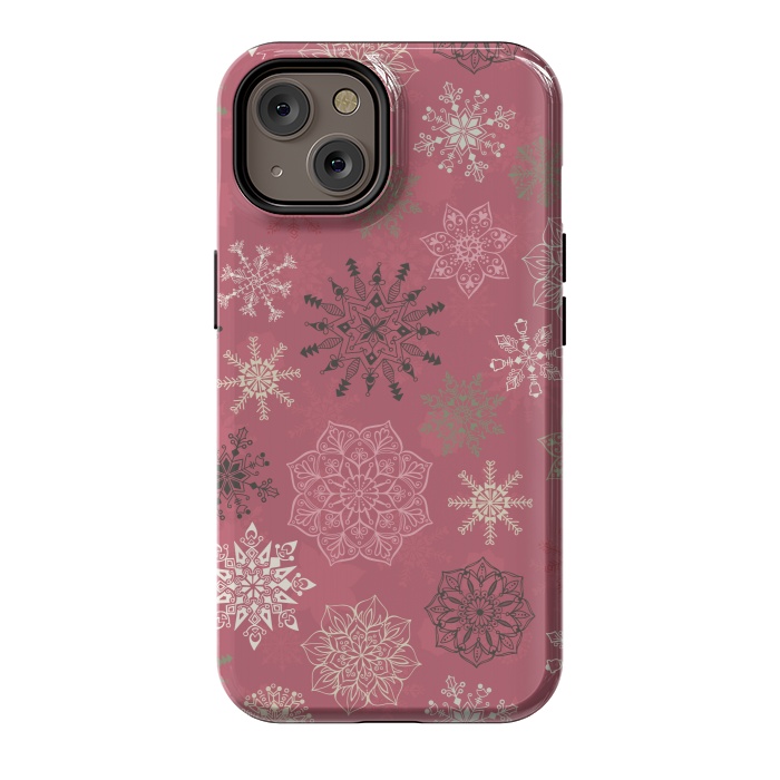 iPhone 14 StrongFit Christmas Snowflakes on Pink by Paula Ohreen