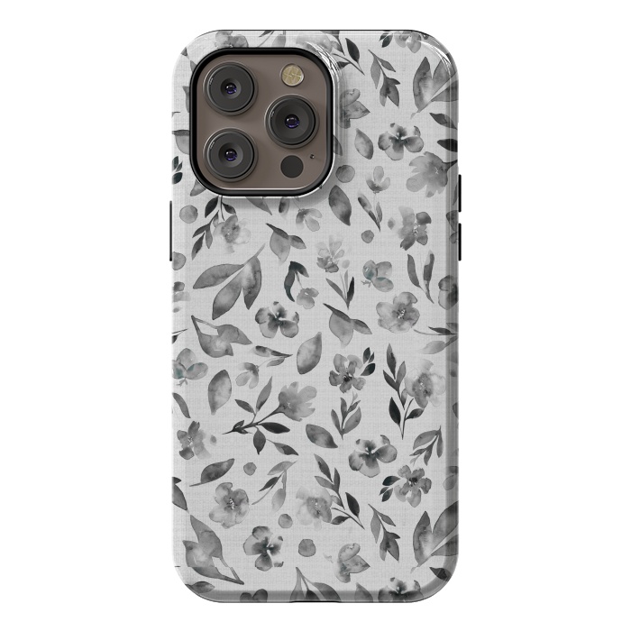 iPhone 14 Pro max StrongFit Watercolor Textured Floral Toss - Black and White by Paula Ohreen