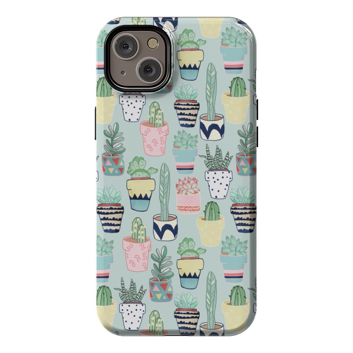 iPhone 14 Plus StrongFit Cute Cacti In Pots on Mint Green by Tangerine-Tane