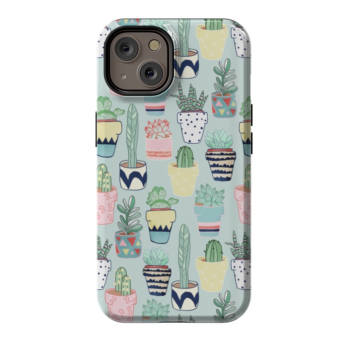 iPhone 14 StrongFit Cute Cacti In Pots on Mint Green by Tangerine-Tane