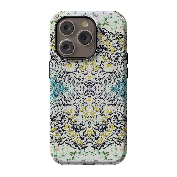 iPhone 14 Pro StrongFit Yellow blue ditsy flowers and leaves pattern by Oana 