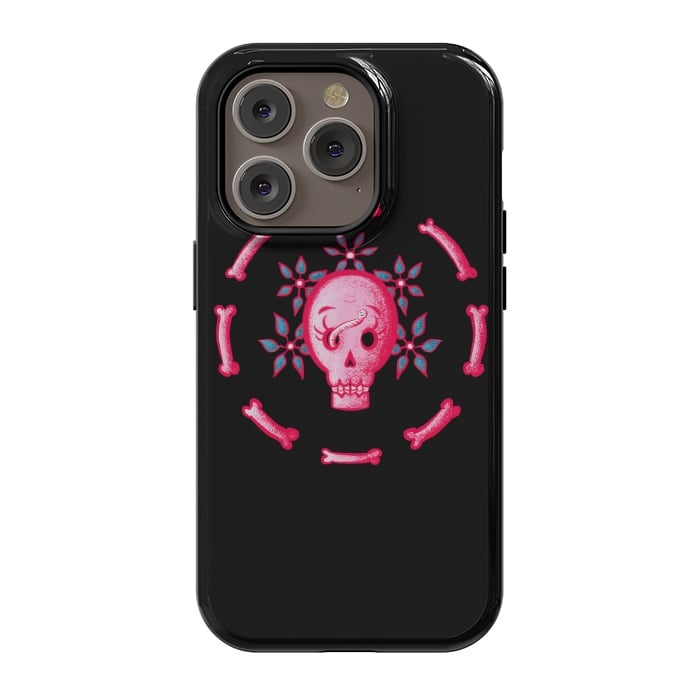 iPhone 14 Pro StrongFit Funny Skull In Pink With Flowers And Bones by Boriana Giormova