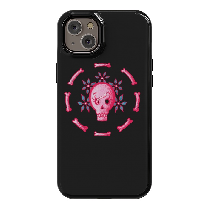 iPhone 14 Plus StrongFit Funny Skull In Pink With Flowers And Bones by Boriana Giormova