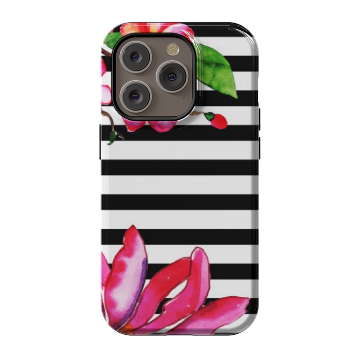 iPhone 14 Pro StrongFit black white stripes floral pink pattern by MALLIKA