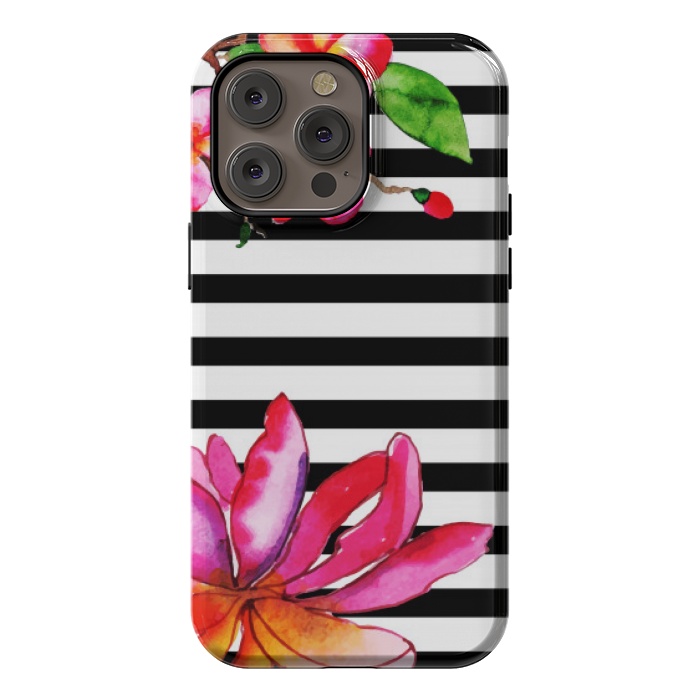 iPhone 14 Pro max StrongFit black white stripes floral pink pattern by MALLIKA