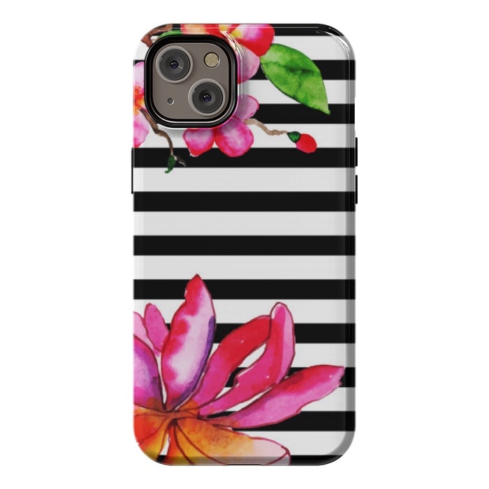 iPhone 14 Plus StrongFit black white stripes floral pink pattern by MALLIKA