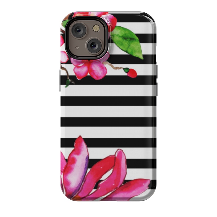 iPhone 14 StrongFit black white stripes floral pink pattern by MALLIKA