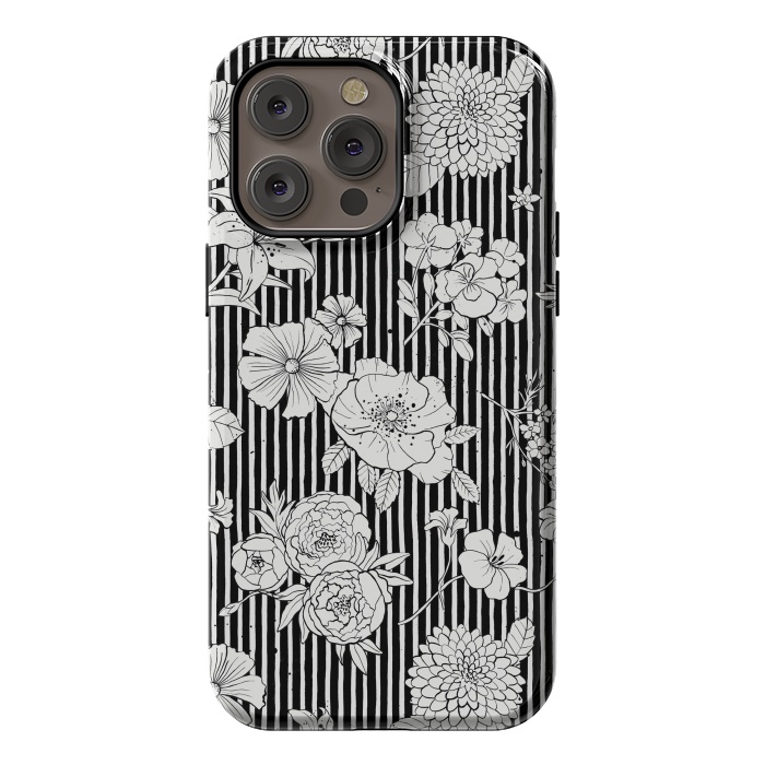 iPhone 14 Pro max StrongFit Flowers and Stripes Black and White by Ninola Design