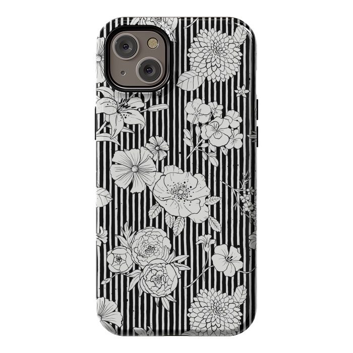 iPhone 14 Plus StrongFit Flowers and Stripes Black and White by Ninola Design